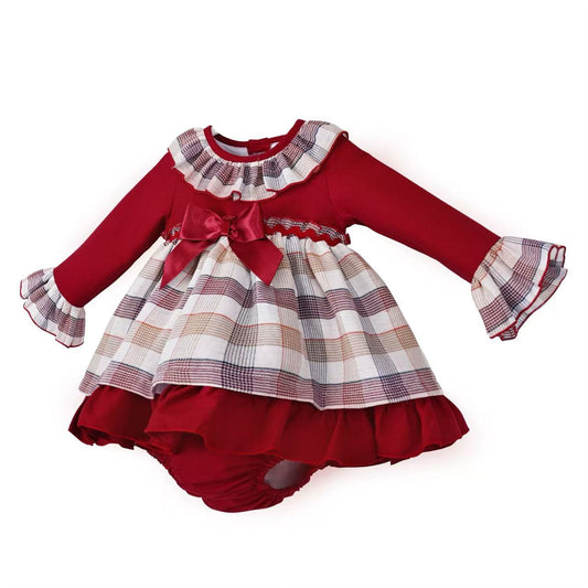 Baby Girls Burgundy Check Bow Dress and Pants Set