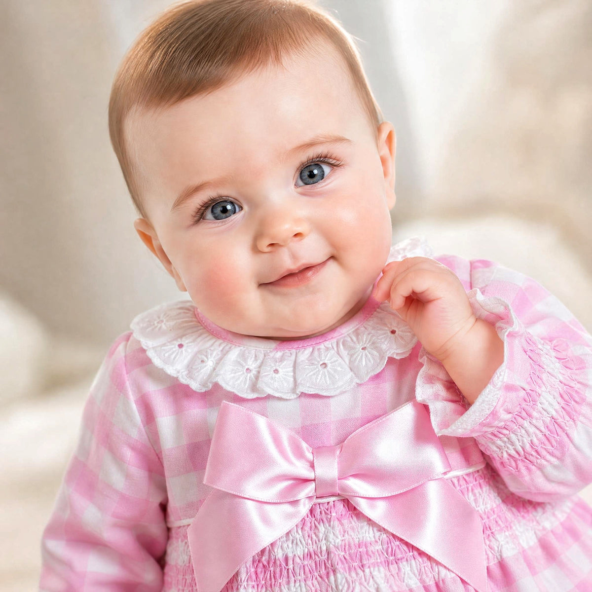 Baby Girls Pink Checked Romper With Smock