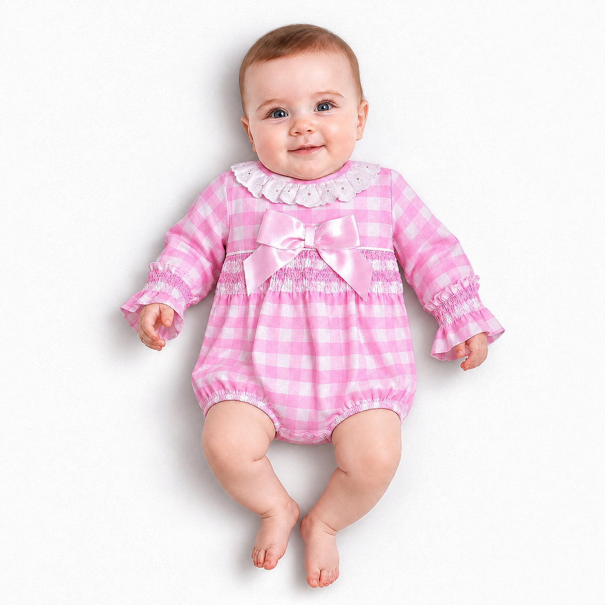 Baby Girls Pink Checked Romper With Smock