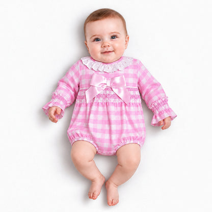 Baby Girls Pink Checked Romper With Smock