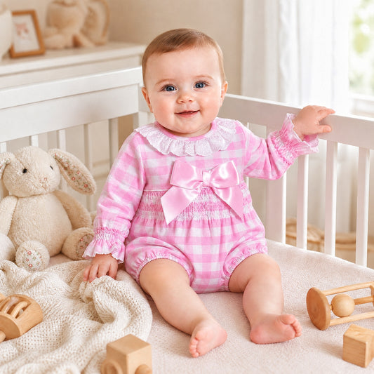 Baby Girls Pink Checked Romper With Smock