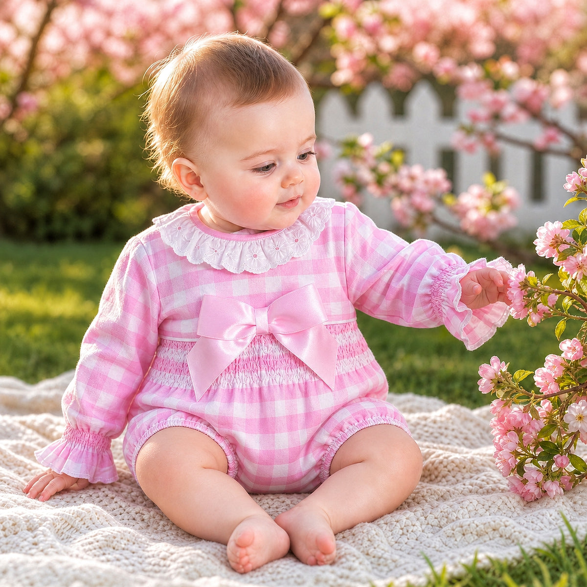 Baby Girls Pink Checked Romper With Smock
