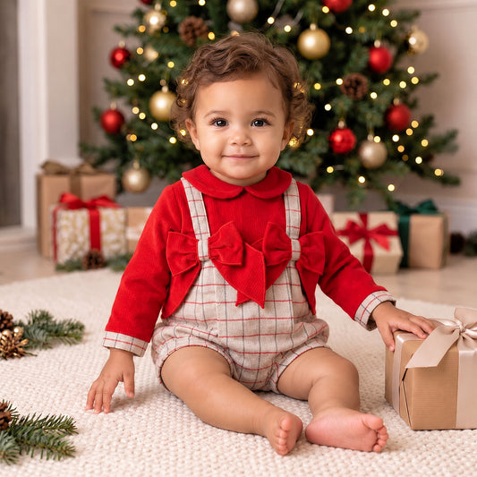 Baby Girls Red Grey Checked Bodysuit With Bow Tartan