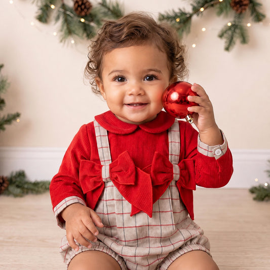 Baby Girls Red Grey Checked Bodysuit With Bow Tartan