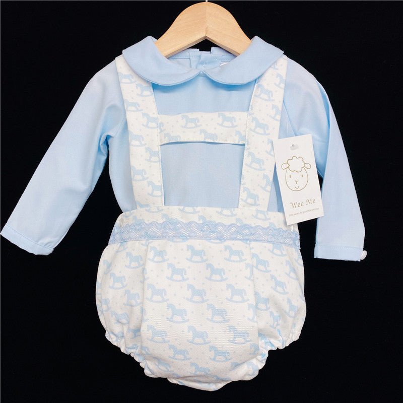 Baby Boys Blue Rocking Horse Dungaree & Shirt Set