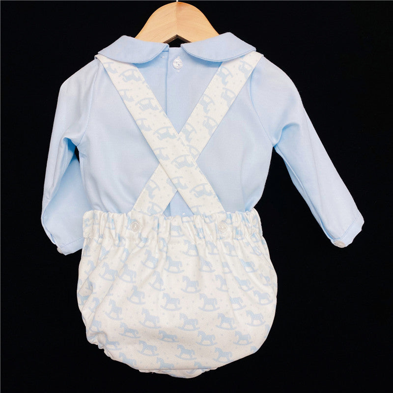 Baby Boys Blue Rocking Horse Dungaree & Shirt Set