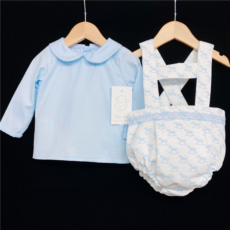 Baby Boys Blue Rocking Horse Dungaree & Shirt Set