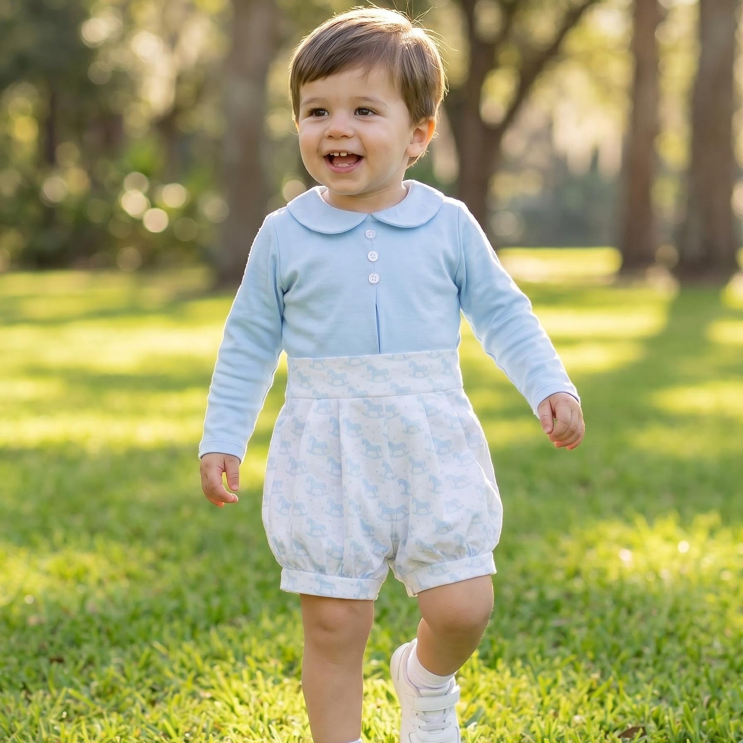 Baby Boys Blue Rocking Horse Print Top & Trousers Set