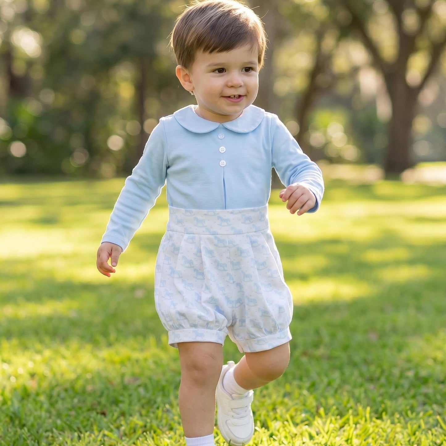Baby Boys Blue Rocking Horse Print Top & Trousers Set