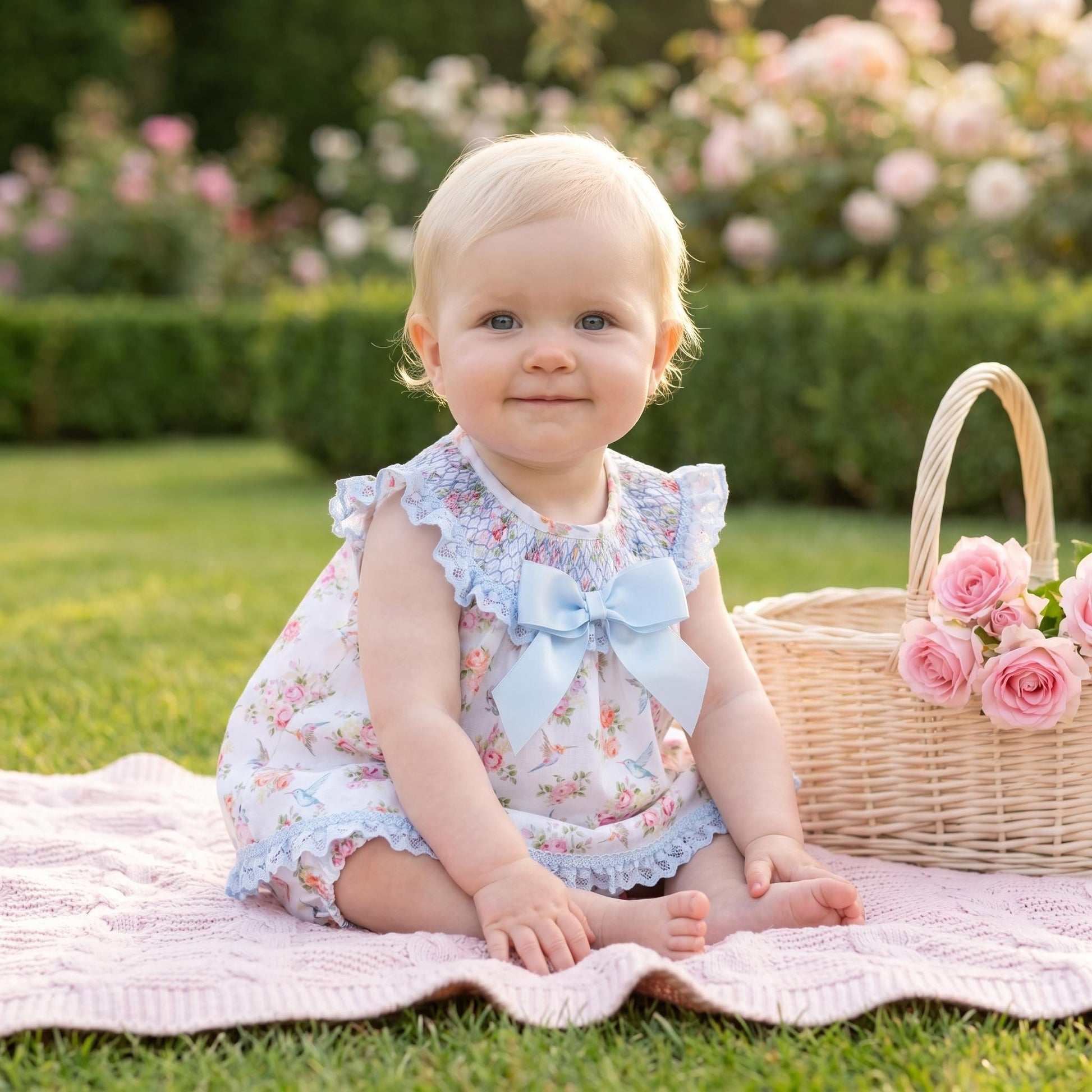 Baby Girls Blue Floral Smocked Dress & Pants Set