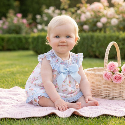 Baby Girls Blue Floral Smocked Dress & Pants Set