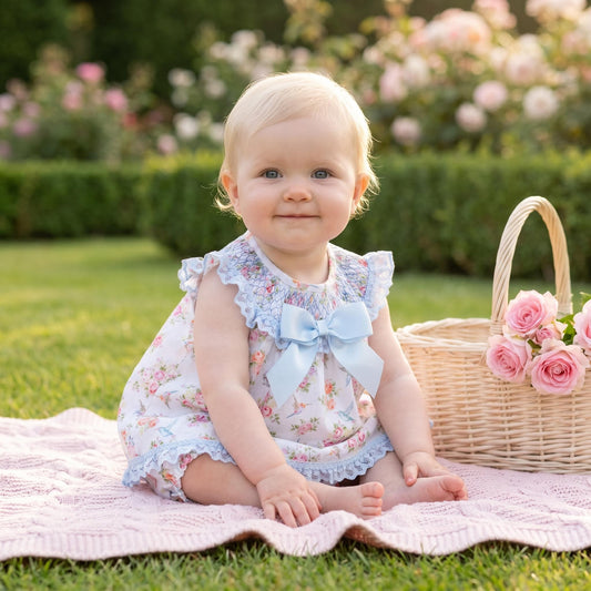 Baby Girls Blue Floral Smocked Dress & Pants Set
