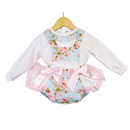 Baby Girls Pink Floral Romper Dress With Bow & Blouse