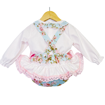 Baby Girls Pink Floral Romper Dress With Bow & Blouse
