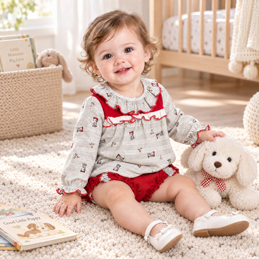 Baby Girls Red Grey Puppy Print Dress With Pants