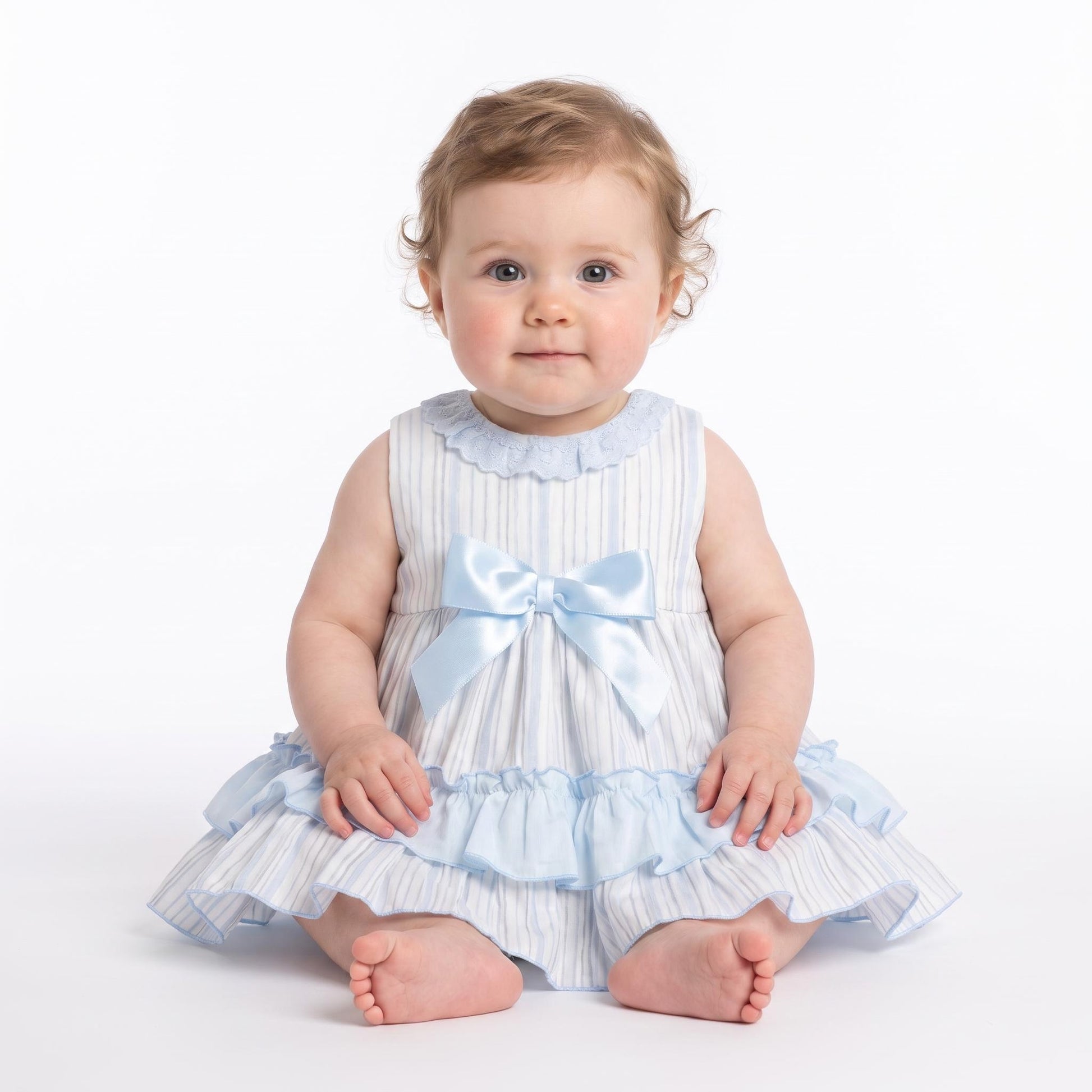 Baby Girls Light Blue Stripe Puff Sleeve Dress With Bloomer Pants