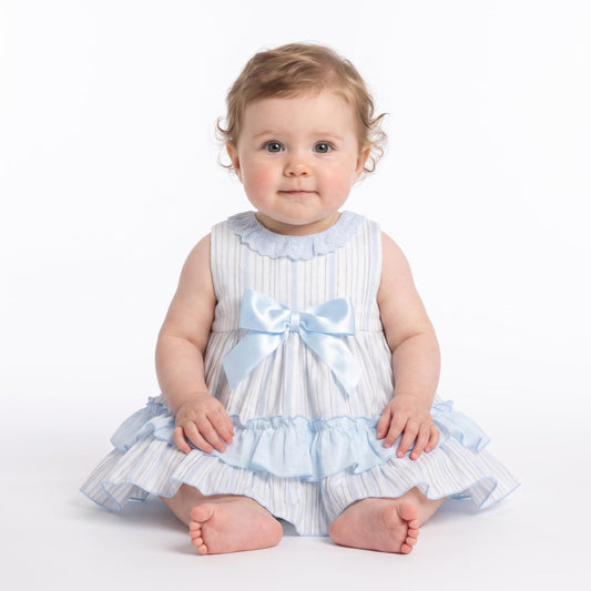 Baby Girls Light Blue Stripe Puff Sleeve Dress With Bloomer Pants