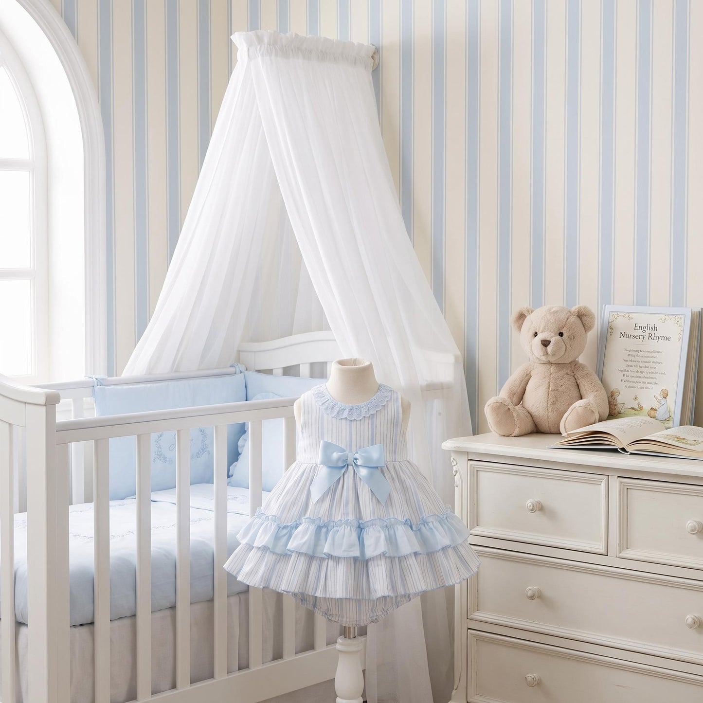 Baby Girls Light Blue Stripe Puff Sleeve Dress With Bloomer Pants