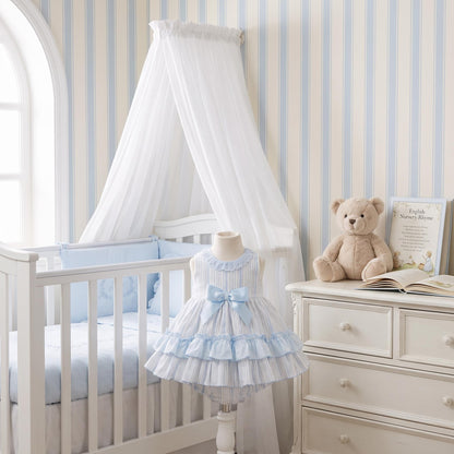 Baby Girls Light Blue Stripe Puff Sleeve Dress With Bloomer Pants