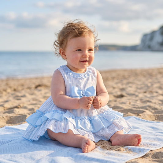 Baby Girls Light Blue Stripe Puff Sleeve Dress With Bloomer Pants