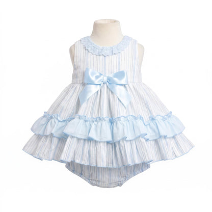 Baby Girls Light Blue Stripe Puff Sleeve Dress With Bloomer Pants
