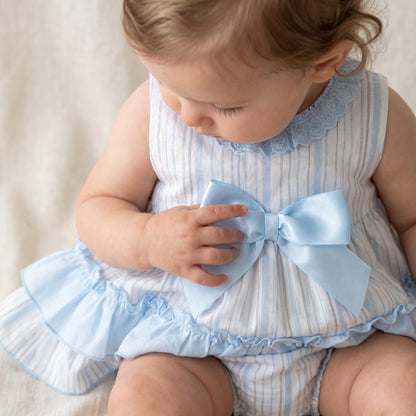 Baby Girls Light Blue Stripe Puff Sleeve Dress With Bloomer Pants