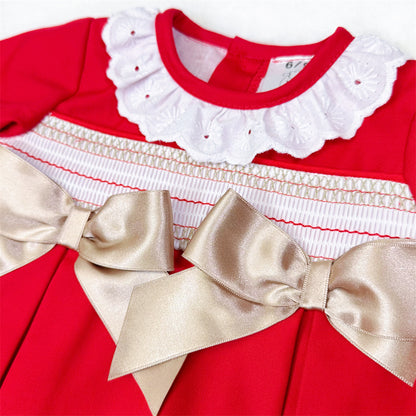 Baby Girls Red Smocked Gold-Bow Dress and Pants