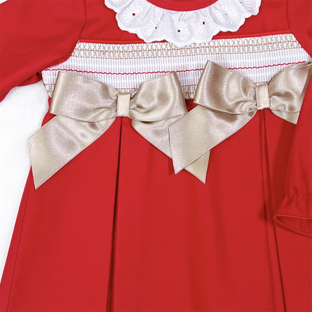Baby Girls Red Smocked Gold-Bow Dress and Pants