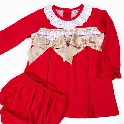 Baby Girls Red Smocked Gold-Bow Dress and Pants
