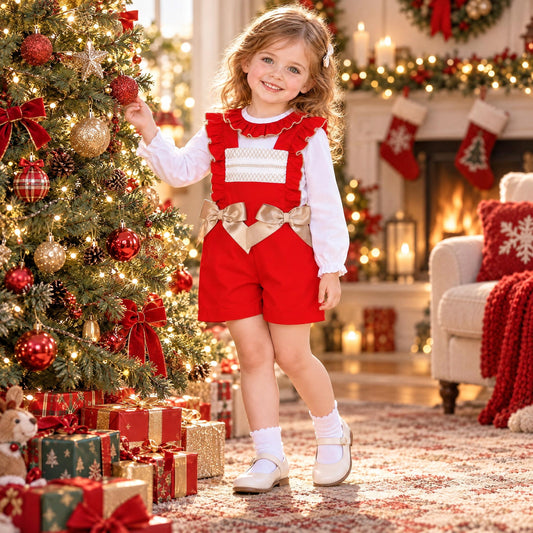 Baby Girls Red Smocked Dungaree With Shirt