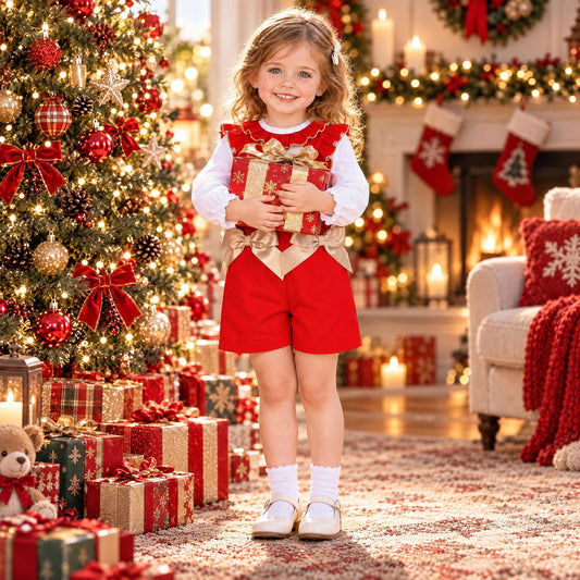 Baby Girls Red Smocked Dungaree With Shirt