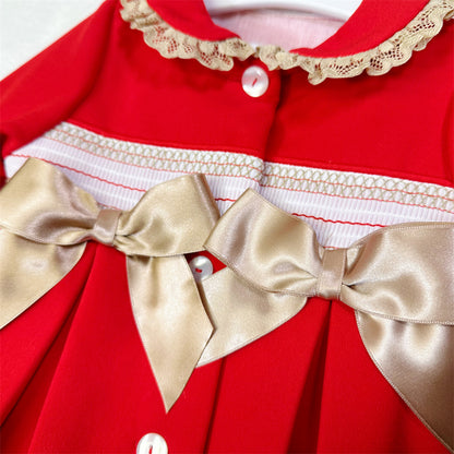 Girls Red Smocked Gold-Bow Coat