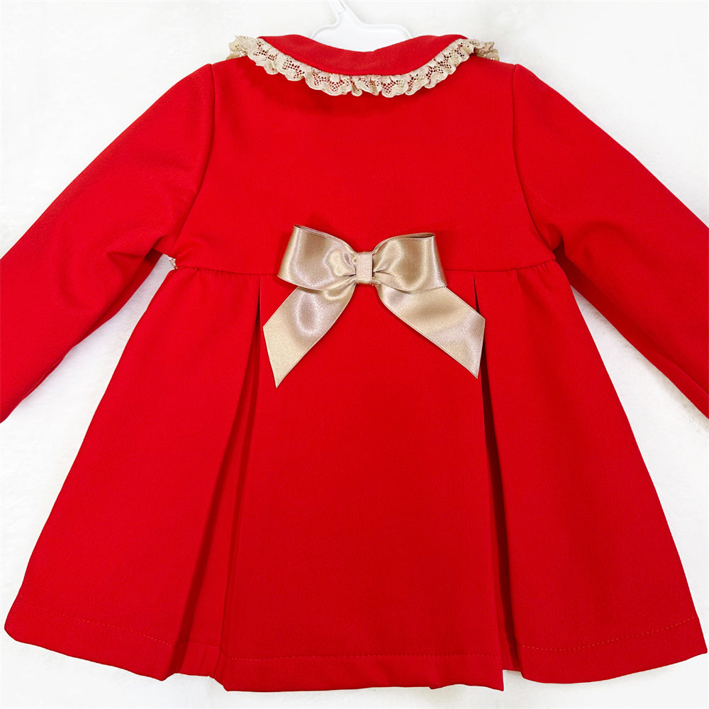 Girls Red Smocked Gold-Bow Coat