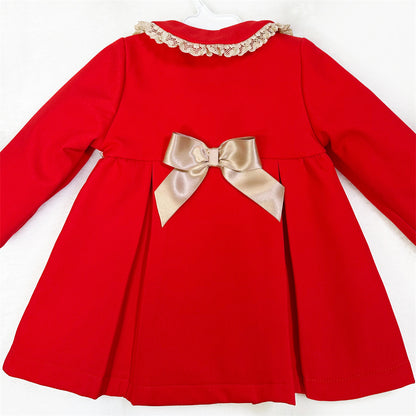 Girls Red Smocked Gold-Bow Coat