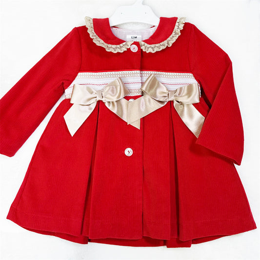Girls Red Ribbed Smocked Bow Coat