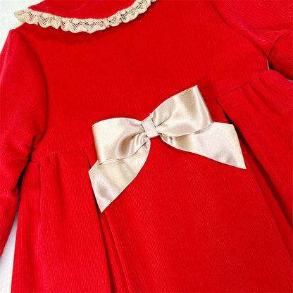 Girls Red Ribbed Smocked Bow Coat