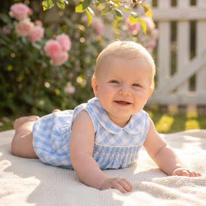 Baby Unisex Blue Smock Checked Romper