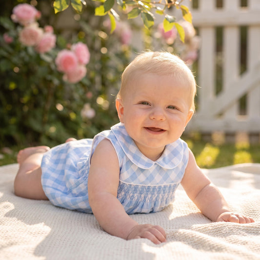 Baby Unisex Blue Smock Checked Romper