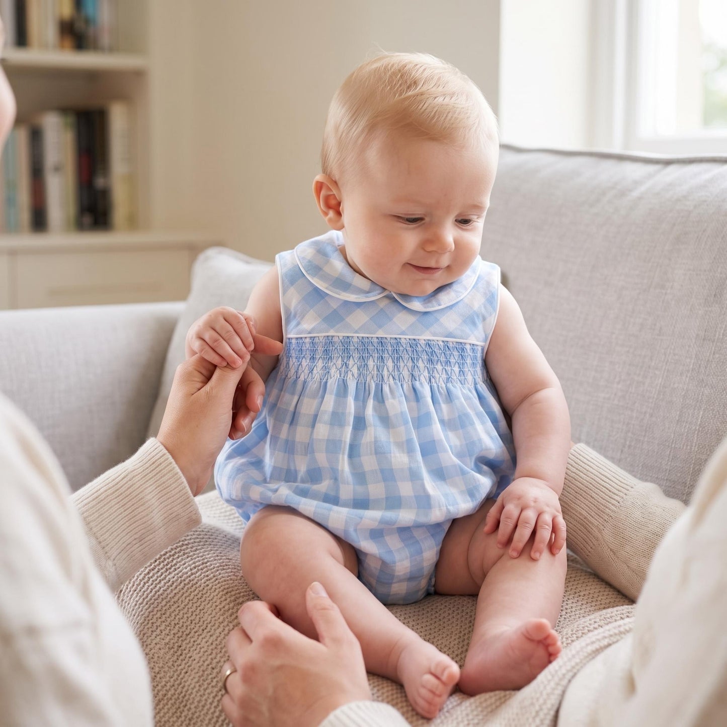 Baby Unisex Blue Smock Checked Romper