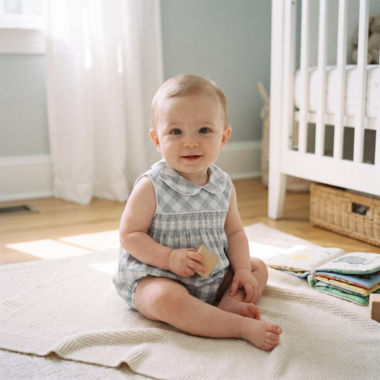 Baby Unisex Grey Checked Smock Romper