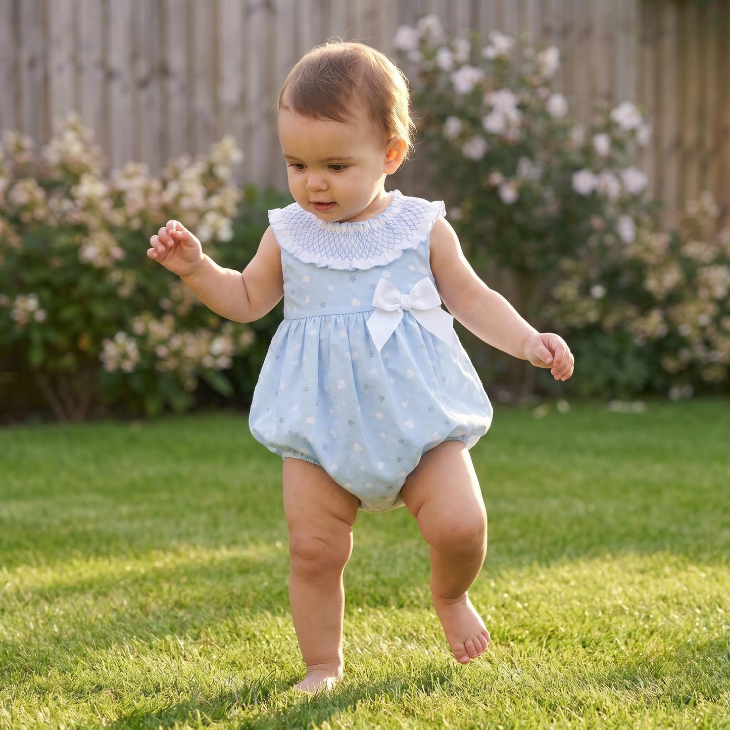 Baby Girls Blue Smocked Collar Romper