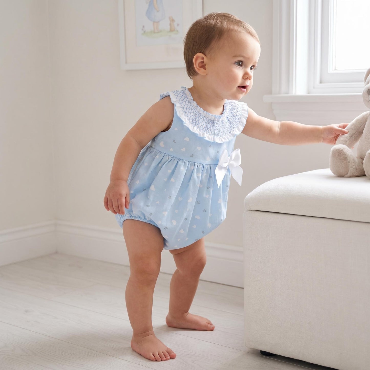 Baby Girls Blue Smocked Collar Romper