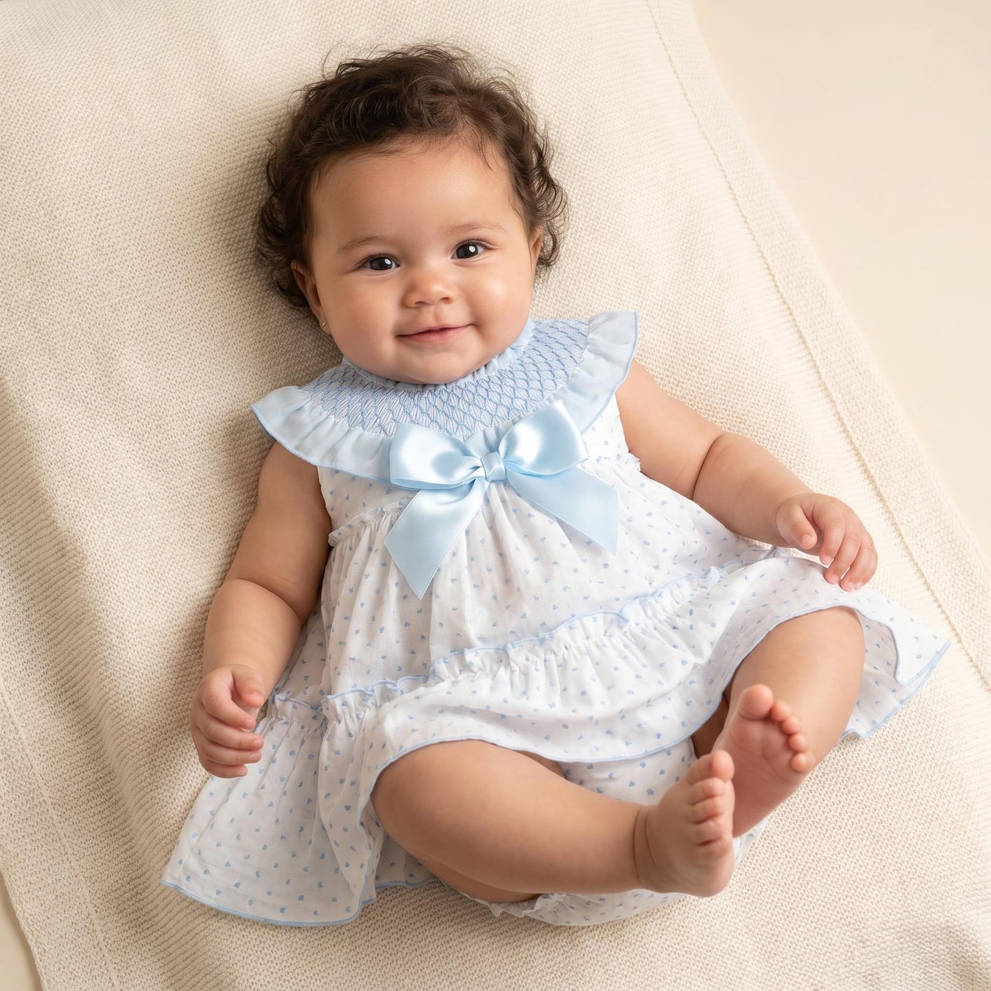 Baby Girls White & Blue Plumeti Dress & Trousers Set