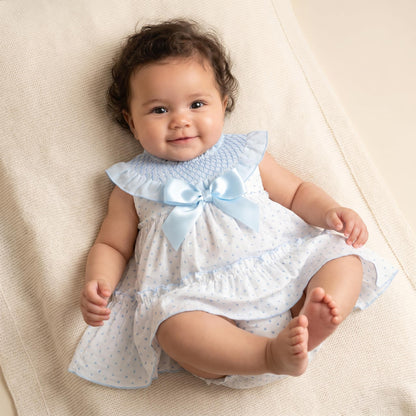 Baby Girls White & Blue Plumeti Dress & Trousers Set