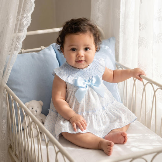 Baby Girls White & Blue Plumeti Dress & Trousers Set