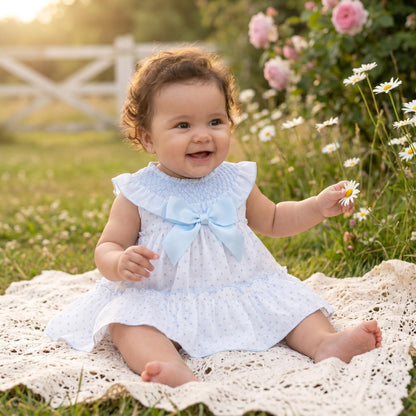 Baby Girls White & Blue Plumeti Dress & Trousers Set
