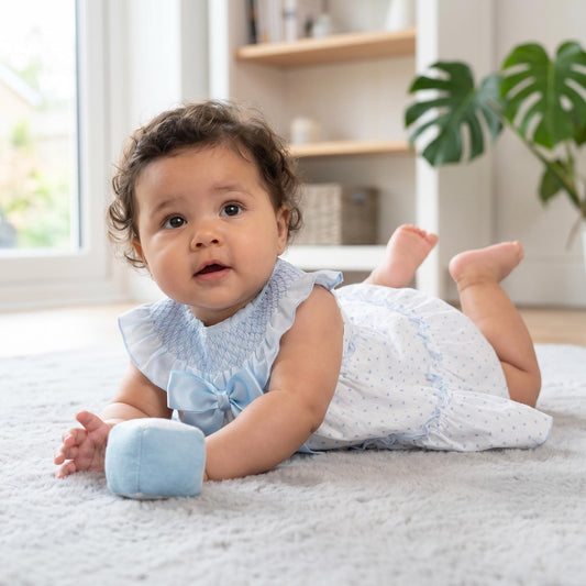 Baby Girls White & Blue Plumeti Dress & Trousers Set