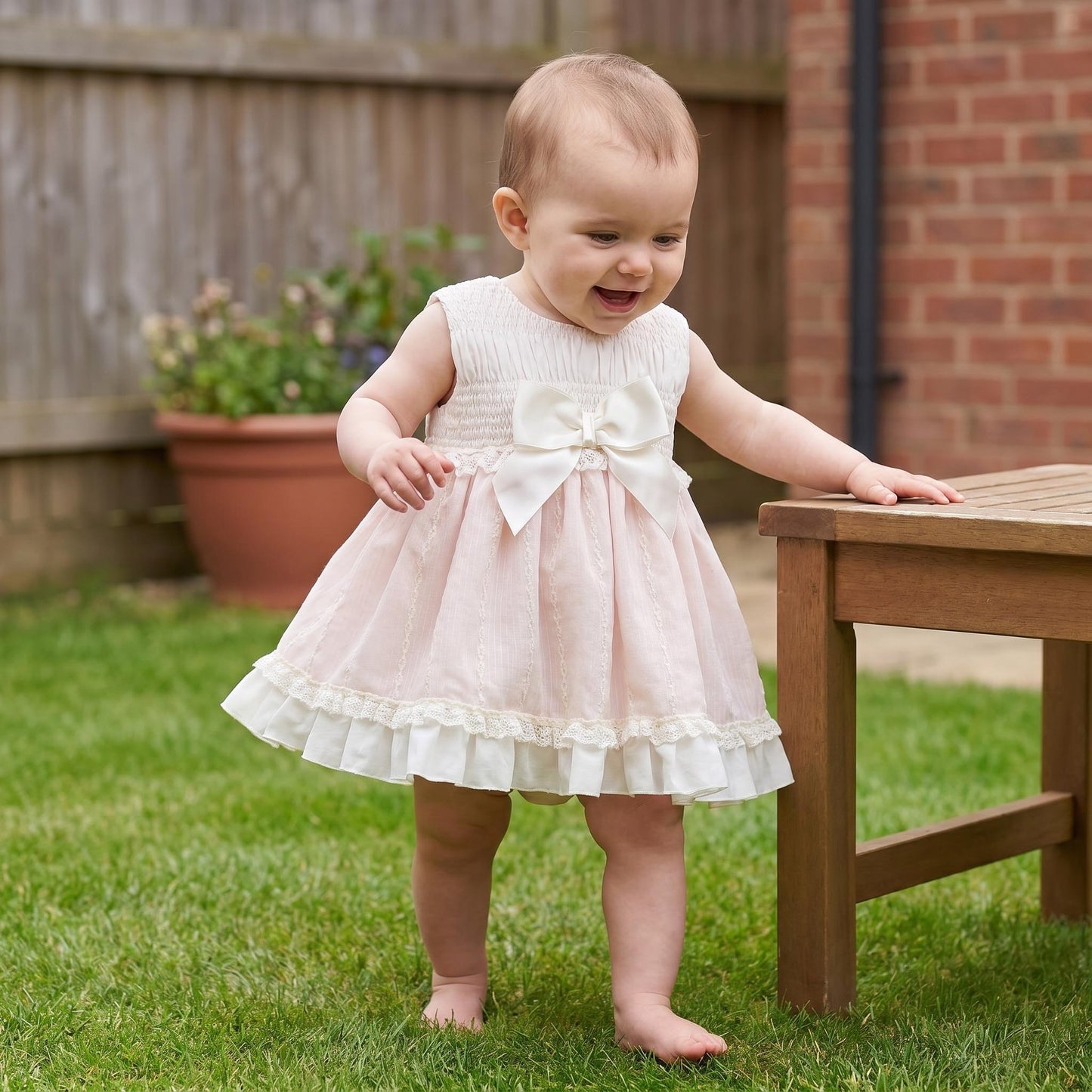 Baby Girls Pink Puff Sleeve Dress With Bloomer Pants