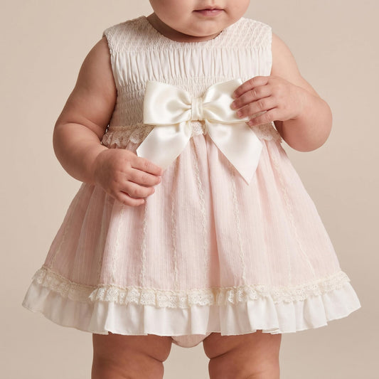 Baby Girls Pink Puff Sleeve Dress With Bloomer Pants