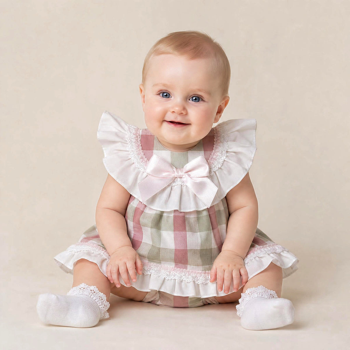 Baby Girls Pink Checked Cotton Puff Ball Dress